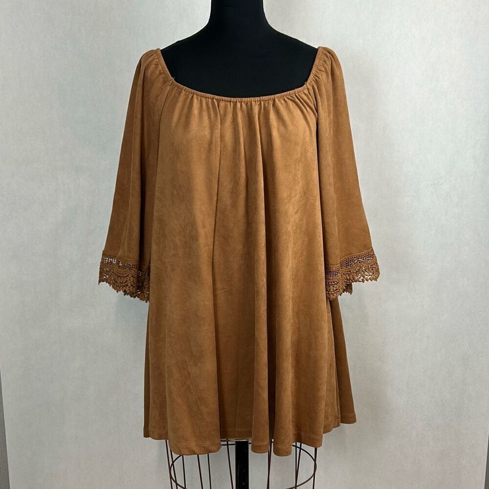 A. Calin by Flying Tomato Mini Dress Faux Suede Sz Large Boho Brown Tan 3/4 Slee